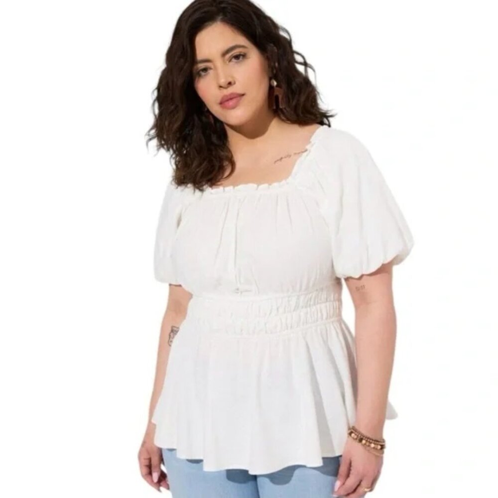 Torrid Linen Puff Sleeve Peasant Blouse Cream Ivory